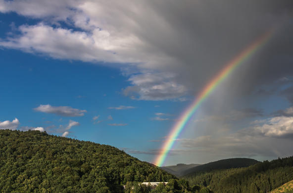 Rain with rainbow in the afternoon